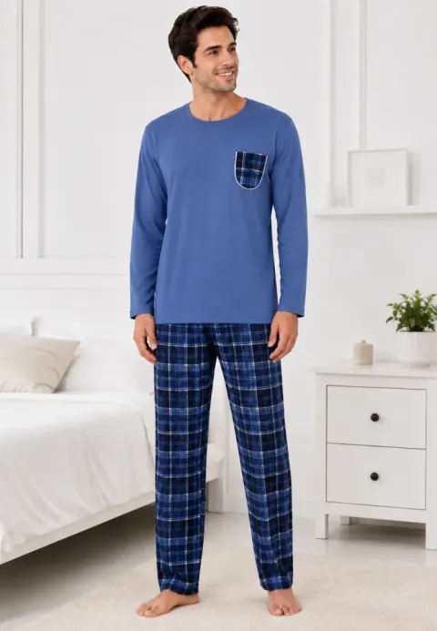 Pijama barbat albastru si albastru cu carouri