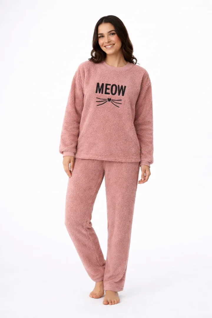 Pijamale damă cocolino roz pudră cu imprimeu „Meow”