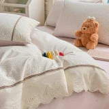 Lenjerie de Pat din 100% Bumbac cu Dantelă, 4 Piese, Cearșaf cu Elastic 180x200 cm