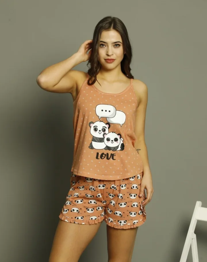 Pijama damă, cu mânecă scurtă și pantaloni scurti din bumbac, imprimeu LOVE