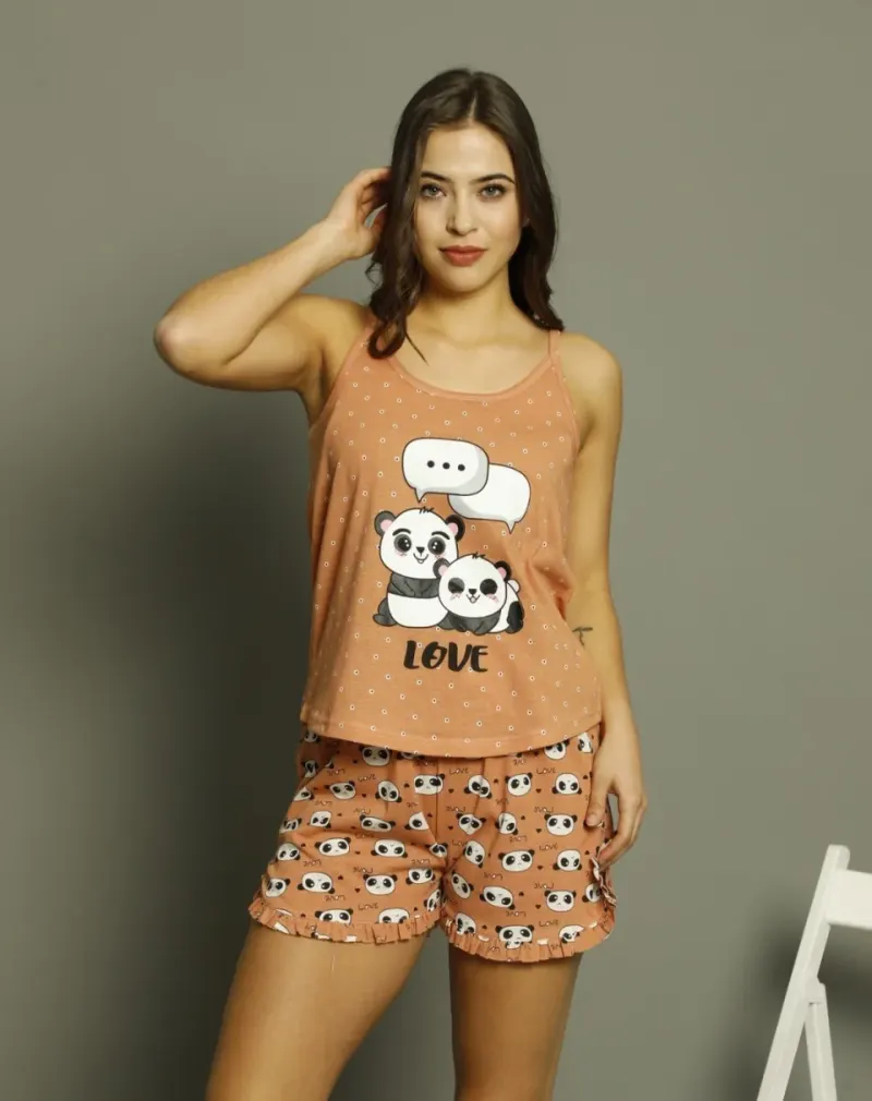 Pijama damă, cu mânecă scurtă și pantaloni scurti din bumbac, imprimeu LOVE