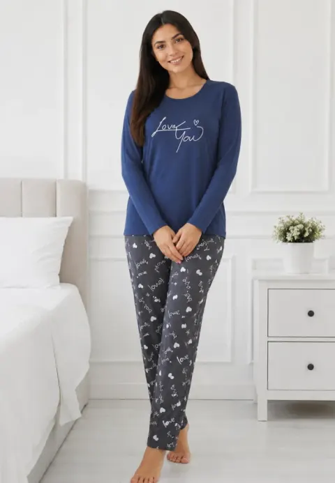Pijama de dama blumarin cu maneca lunga si pantaloni gri lungi