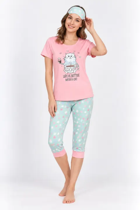 Pijama pentru Dama cu Imprimeu Pisică, Pantaloni 3/4