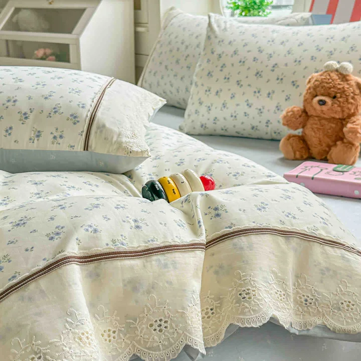 Lenjerie de Pat din 100% Bumbac cu Dantelă, 4 Piese, Cearșaf cu Elastic 180x200 cm