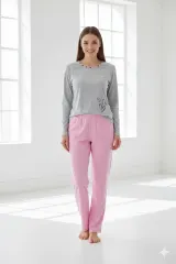 Pijama damă  mânecă lungă gri și pantaloni lungi roz