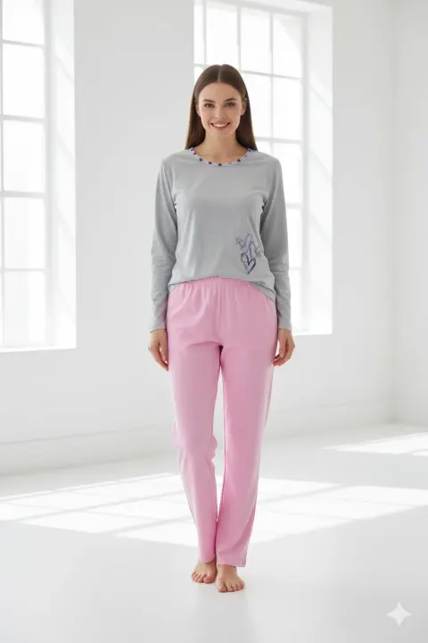 Pijama damă  mânecă lungă gri și pantaloni lungi roz