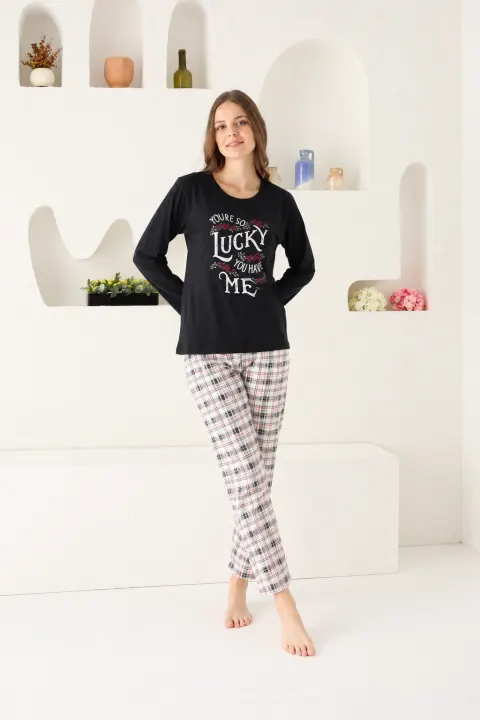 Pijama damă Big Size, mânecă lungă și pantaloni lungi, imprimeu cu Lucky, negru