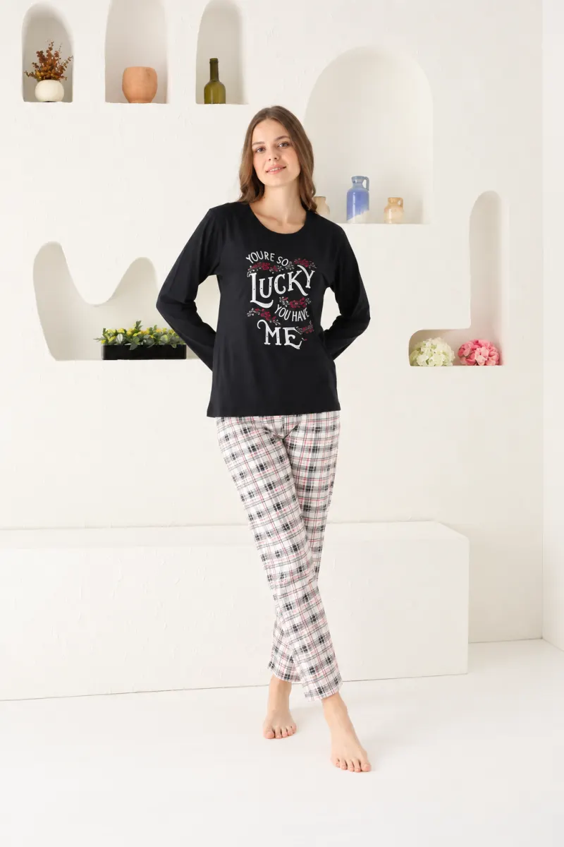 Pijama damă Big Size, mânecă lungă și pantaloni lungi, imprimeu cu Lucky, negru