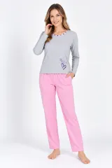 Pijama damă  mânecă lungă gri și pantaloni lungi roz