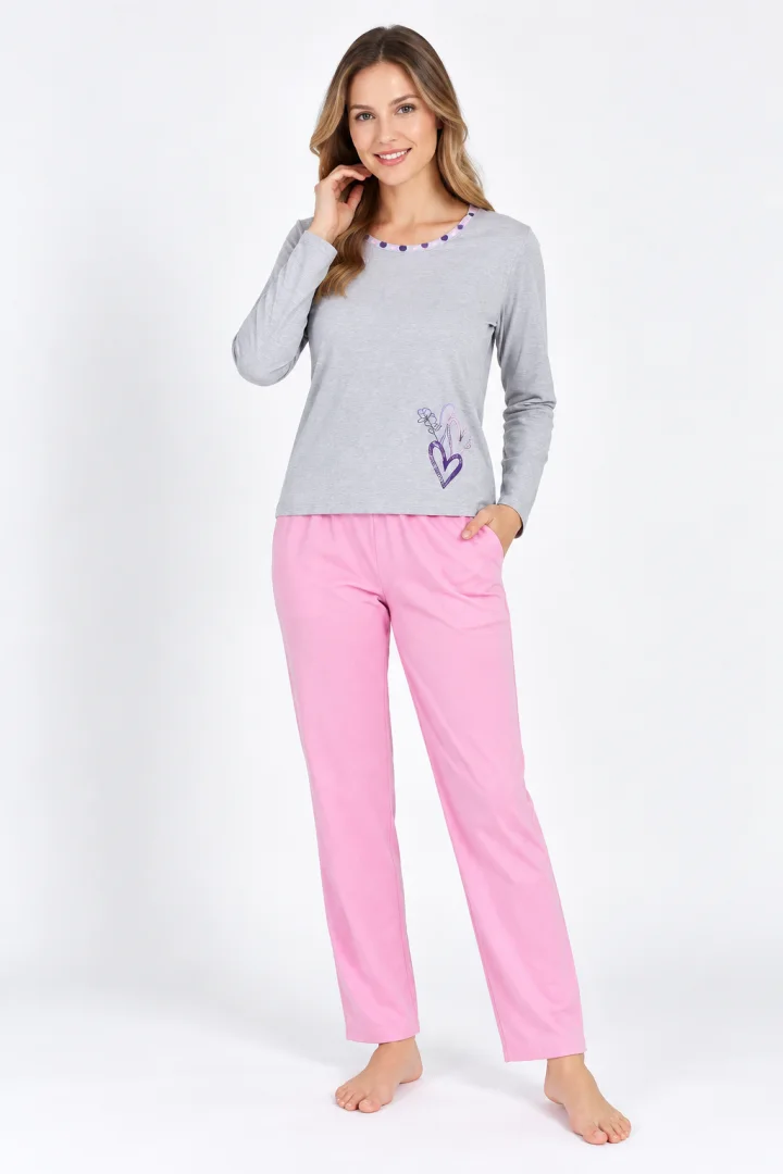 Pijama damă  mânecă lungă gri și pantaloni lungi roz