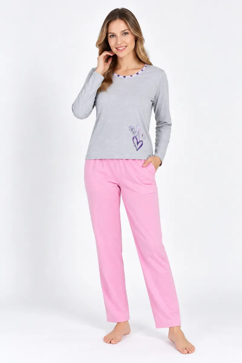 Pijama damă  mânecă lungă gri și pantaloni lungi roz