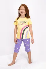 Pijama fetițe din bumbac cu curcubeu – tricou și pantaloni 3/4, galben