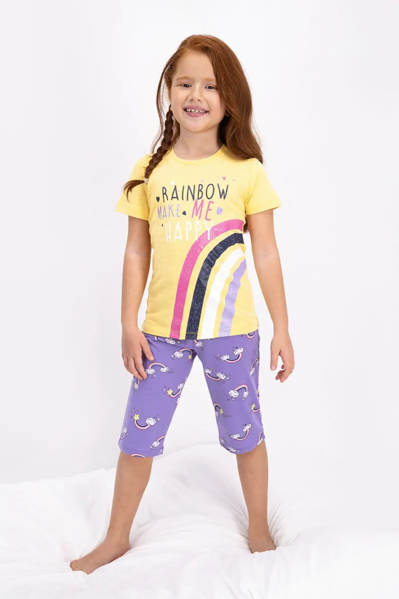 Pijama fetițe din bumbac cu curcubeu – tricou și pantaloni 3/4, galben