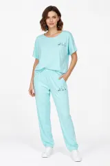 Compleu damă din bumbac 100%, cu tricou „Ooh La-La” și pantaloni lungi cu talie elastică, albastru deschis
