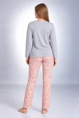 Pijama damă cu bluză gri cu mânecă lungă și pantaloni lungi roz