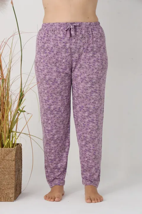 Pantaloni de pijama damă Big Size, mov cu flori multicolore