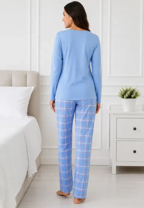 Pijama de dama cu bluza blue cu maneca lunga si pantaloni lungi blue cu carouri
