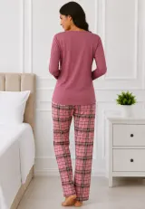 Pijama de dama cu bluza cu maneca lunga roz prafuit si pantaloni lungi in carouri