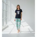 Pijama dama tricou negru cu imprimeu Pisica