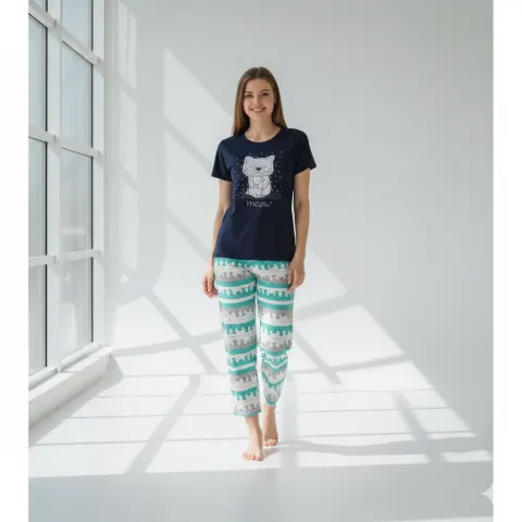 Pijama dama tricou negru cu imprimeu Pisica