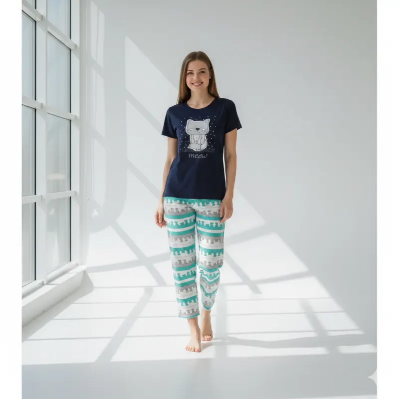 Pijama dama tricou negru cu imprimeu Pisica