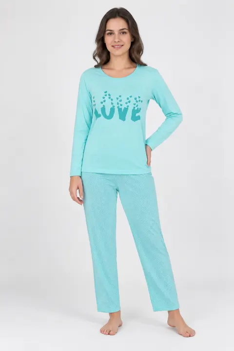 Pijama damă cu imprimeu ,,Love'', culoare turcoaz