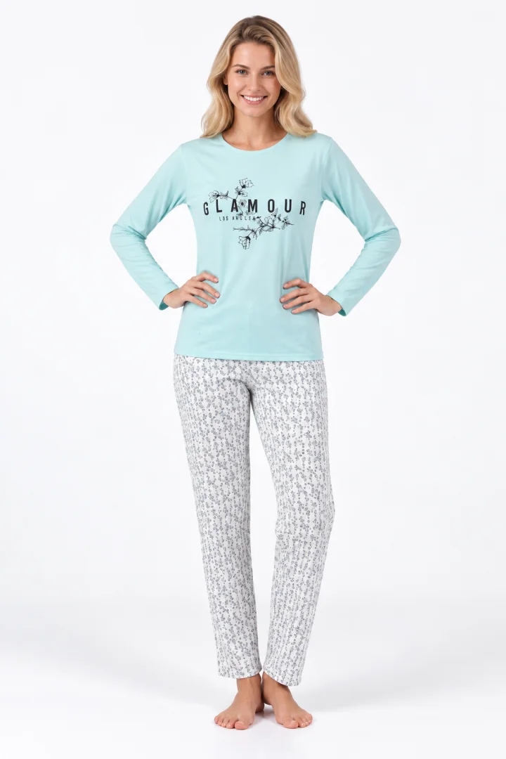 Pijama damă cu mânecă lungă și pantaloni lungi cu imprimeu