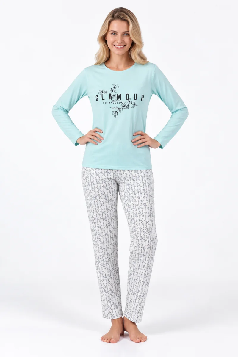 Pijama damă cu mânecă lungă și pantaloni lungi cu imprimeu