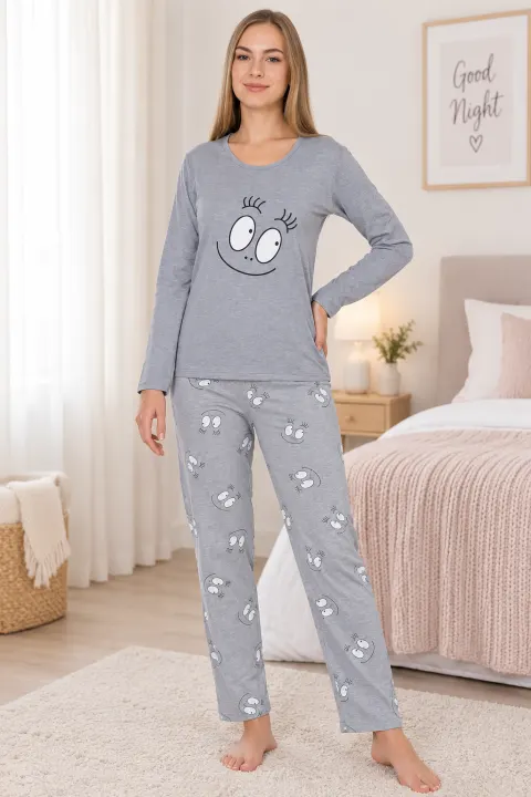 Pijama damă , imprimeu ,,Happy Face'', culoare gri