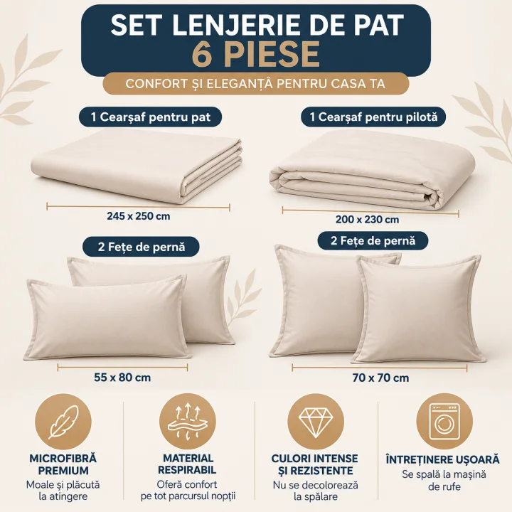 Set Lenjerie de Pat Dublu din Microfibră Premium, 6 Piese, Cearșaf 245x250 cm