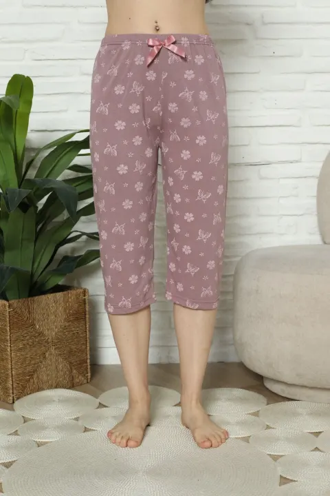 Pantaloni pijama damă 3/4, mov, imprimeu flori