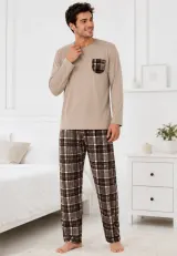Pijama barbat bej cu carouri maro