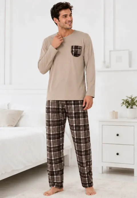 Pijama barbat bej cu carouri maro