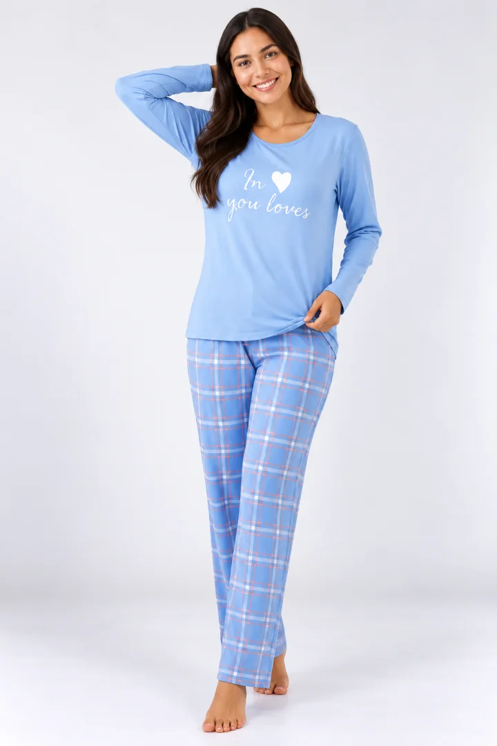 Pijama de dama cu bluza blue cu maneca lunga si pantaloni lungi blue cu carouri