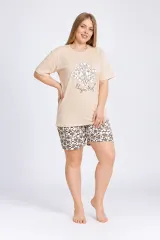 Pijama dama big size din bumbac, tricou bej cu imprimeu „Begin Again” și pantaloni scurti asortați