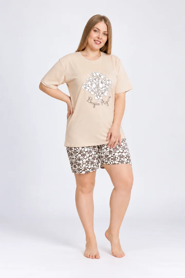 Pijama dama big size din bumbac, tricou bej cu imprimeu „Begin Again” și pantaloni scurti asortați