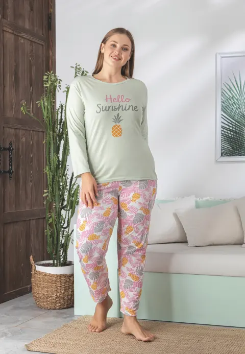 Pijama damă Big Size verde și roz cu imprimeu ananas
