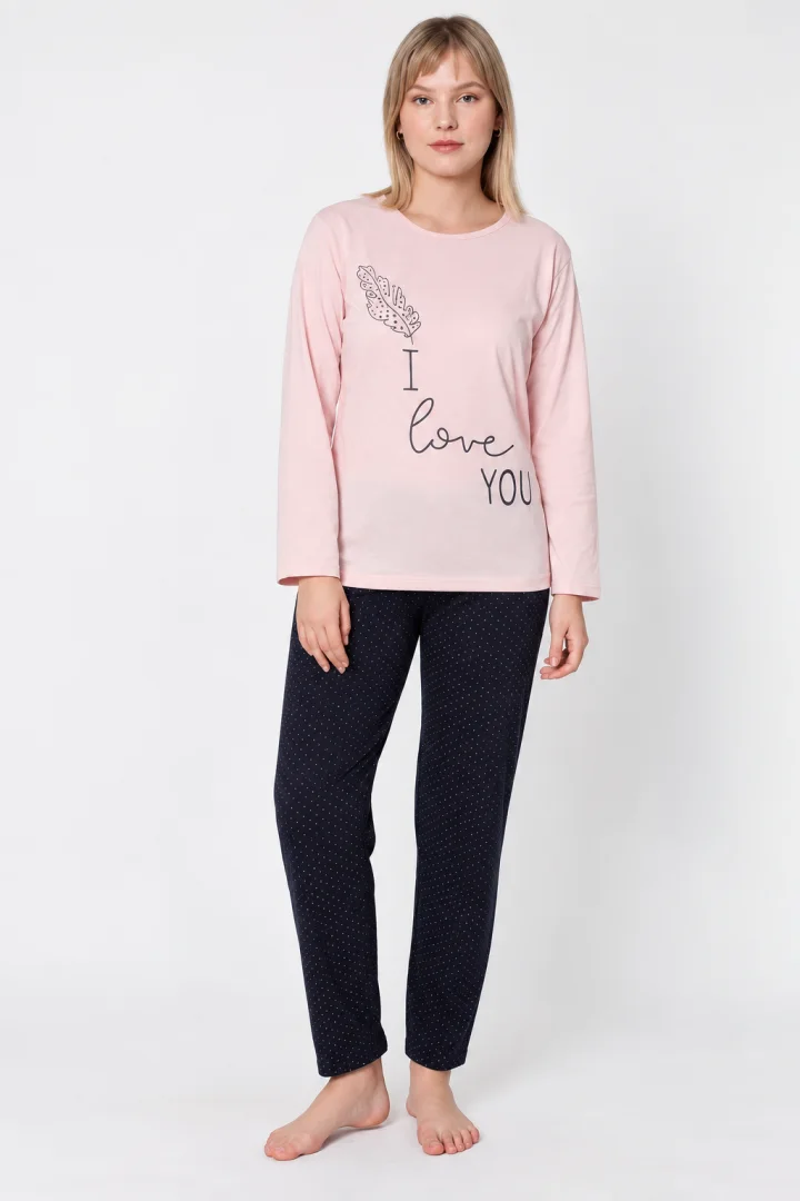 Pijama damă, cu mânecă lungă și pantaloni lungi, imprimeu I Love You