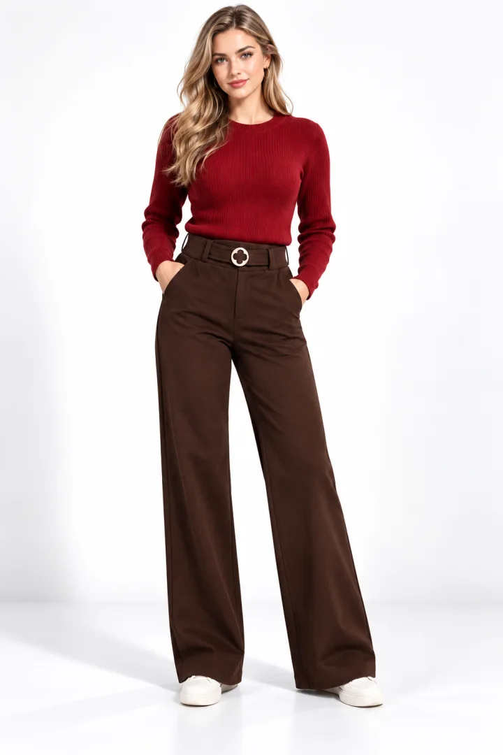 Pantaloni Damă Vătuiți cu Buzunare și Cataramă Decorativă, Maro
