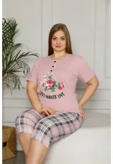 Pijama damă cu flori, tricou cu nasturi și pantaloni 3/4