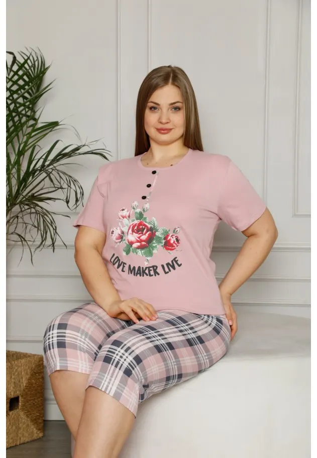 Pijama damă cu flori, tricou cu nasturi și pantaloni 3/4