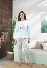 Pijama damă bleu cu imprimeu cu pisică