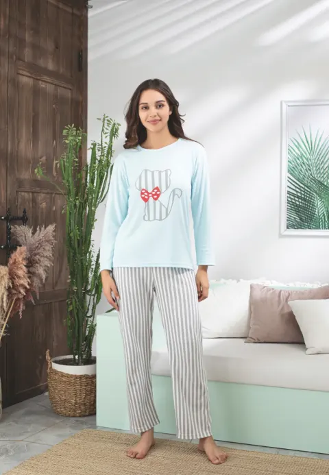 Pijama damă bleu cu imprimeu cu pisică