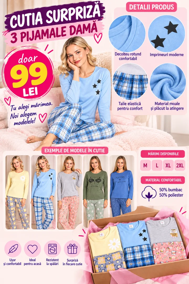 Cutia Surpriză – 3 Pijamale Damă cu Mânecă Lungă și Pantaloni Lungi – 99 Lei