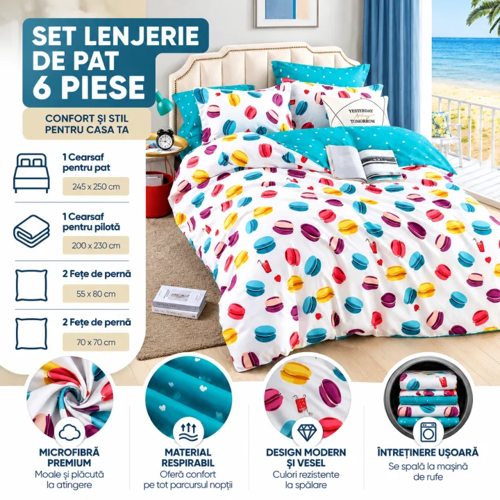 Set Lenjerie de Pat Dublu din Microfibră Premium, 6 Piese, Cearșaf 245x250 cm