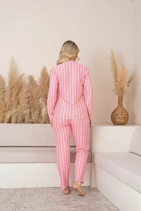 Pijama Damă Roz cu Dungi Albe