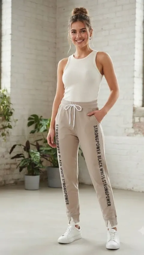 Pantaloni damă crem cu imprimeu lateral „Strong Power”