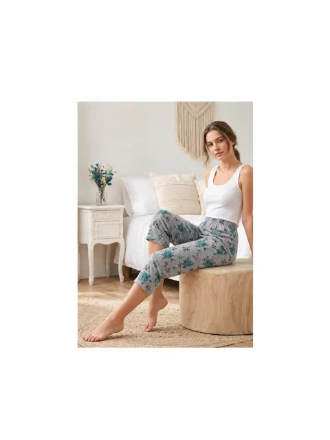 Pantaloni de pijama dama 3/4 gri cu turcoaz