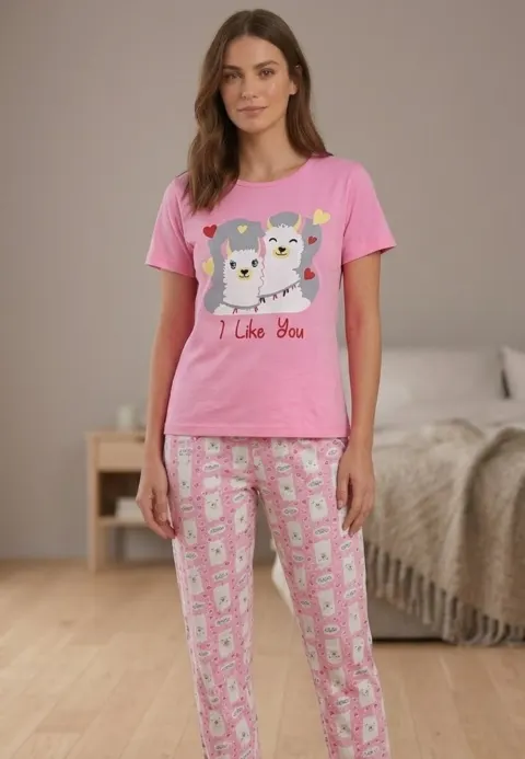 Pijama damă, imprimeu I Like You, roz