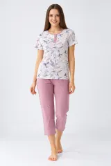 Pijama damă Freenight mov cu frunze, pantaloni 3/4